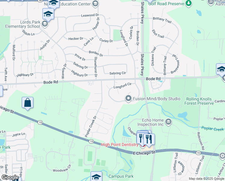 map of restaurants, bars, coffee shops, grocery stores, and more near 1252 Red Oak Court in Elgin