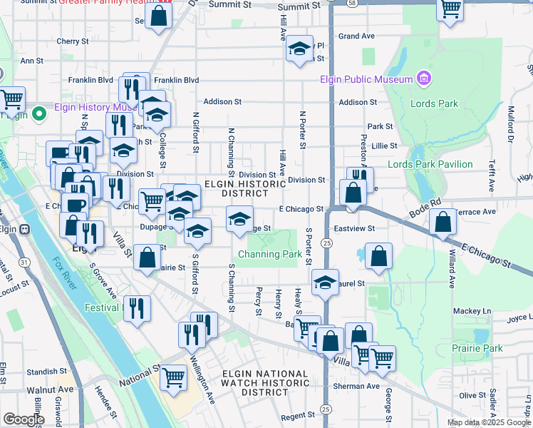 map of restaurants, bars, coffee shops, grocery stores, and more near 472 East Chicago Street in Elgin