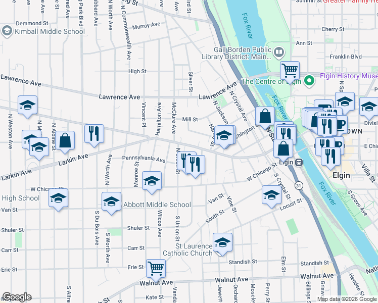 map of restaurants, bars, coffee shops, grocery stores, and more near 744 West Highland Avenue in Elgin