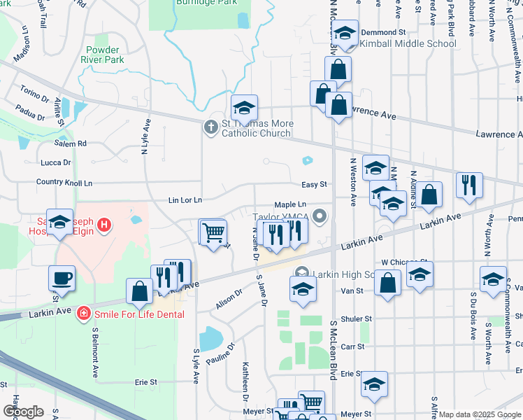 map of restaurants, bars, coffee shops, grocery stores, and more near 102 North Jane Drive in Elgin