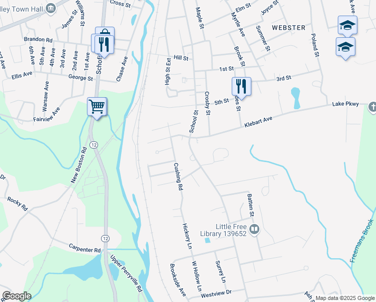 map of restaurants, bars, coffee shops, grocery stores, and more near 730 School Street in Webster