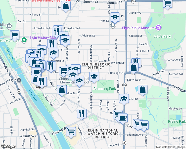 map of restaurants, bars, coffee shops, grocery stores, and more near 453 East Chicago Street in Elgin