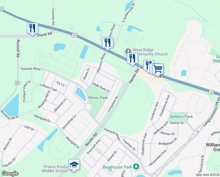 map of restaurants, bars, coffee shops, grocery stores, and more near 3604 Hyde Park Court in Elgin