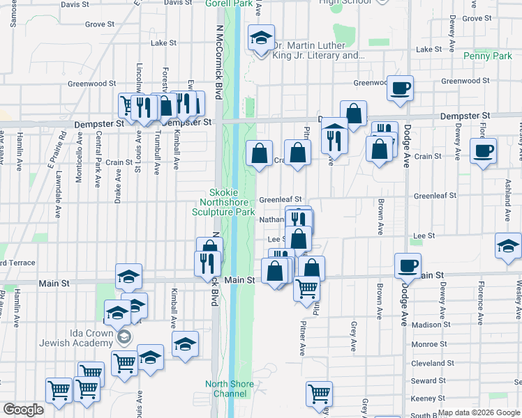 map of restaurants, bars, coffee shops, grocery stores, and more near 2423 Greenleaf Street in Evanston