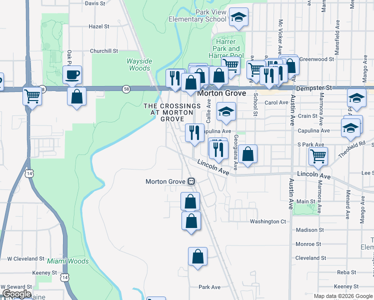 map of restaurants, bars, coffee shops, grocery stores, and more near 306 Capulina Court in Morton Grove