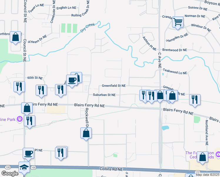 map of restaurants, bars, coffee shops, grocery stores, and more near 722 Greenfield Street Northeast in Cedar Rapids