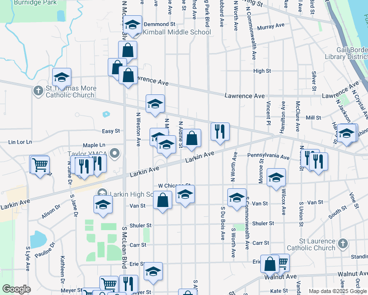 map of restaurants, bars, coffee shops, grocery stores, and more near 81 North Aldine Street in Elgin