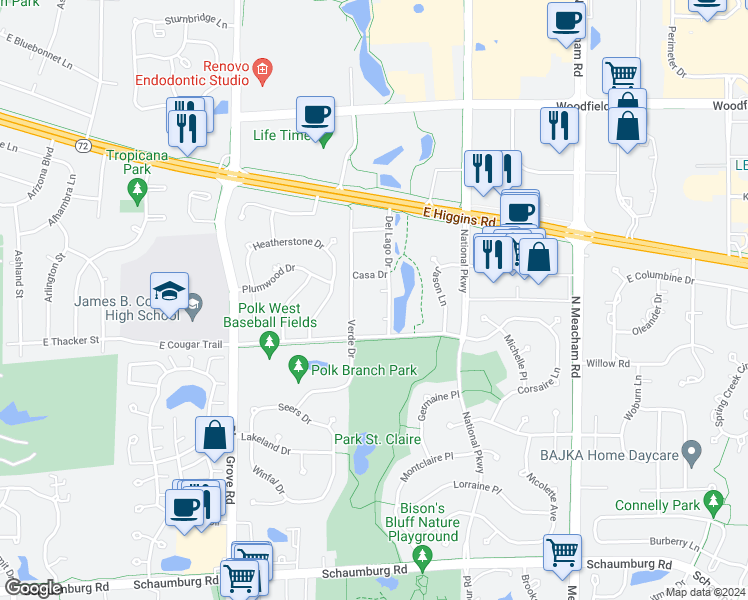map of restaurants, bars, coffee shops, grocery stores, and more near 1023 Silvana Court in Schaumburg
