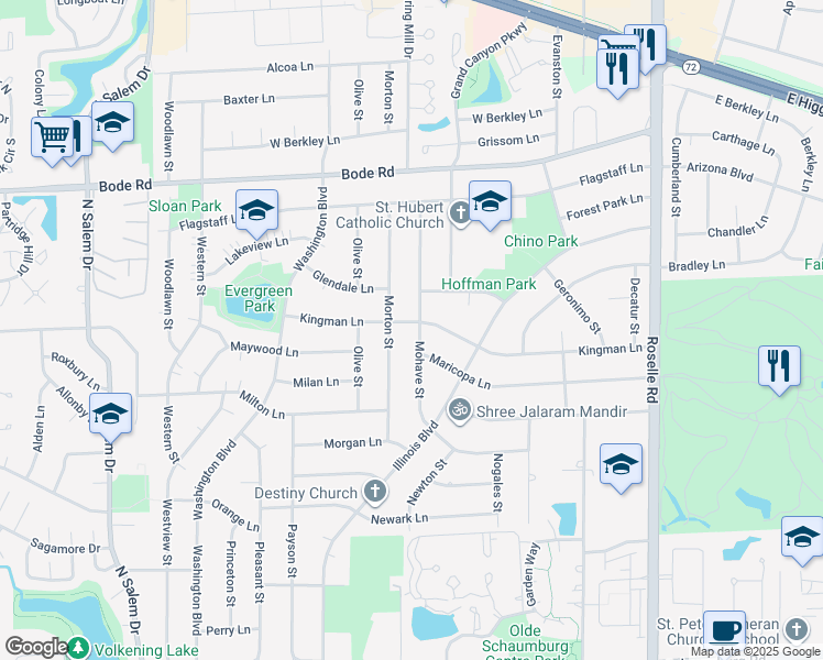 map of restaurants, bars, coffee shops, grocery stores, and more near 395 Kingman Lane in Hoffman Estates