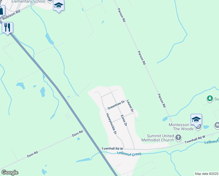 map of restaurants, bars, coffee shops, grocery stores, and more near 8643 Peach St in Erie