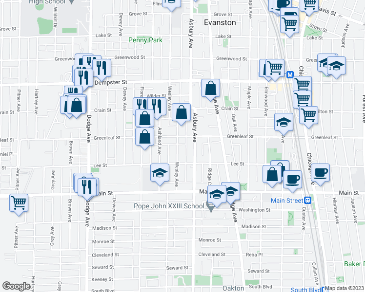 map of restaurants, bars, coffee shops, grocery stores, and more near 1042 Wesley Avenue in Evanston