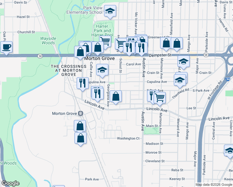 map of restaurants, bars, coffee shops, grocery stores, and more near 8604 School Street in Morton Grove