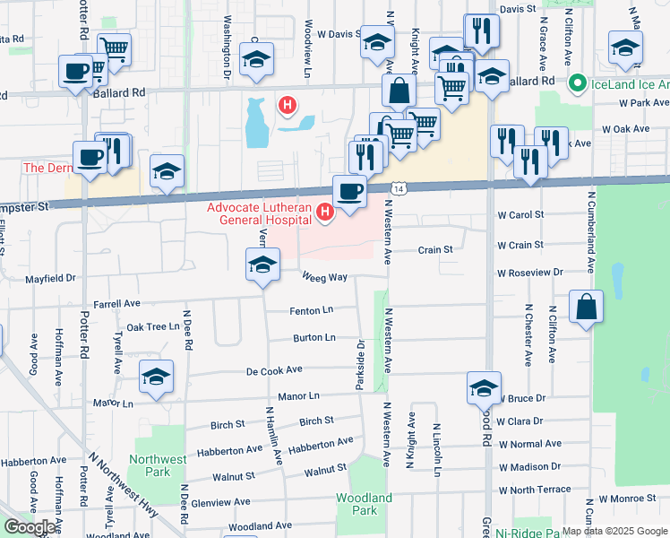 map of restaurants, bars, coffee shops, grocery stores, and more near 1828 Weeg Way in Park Ridge