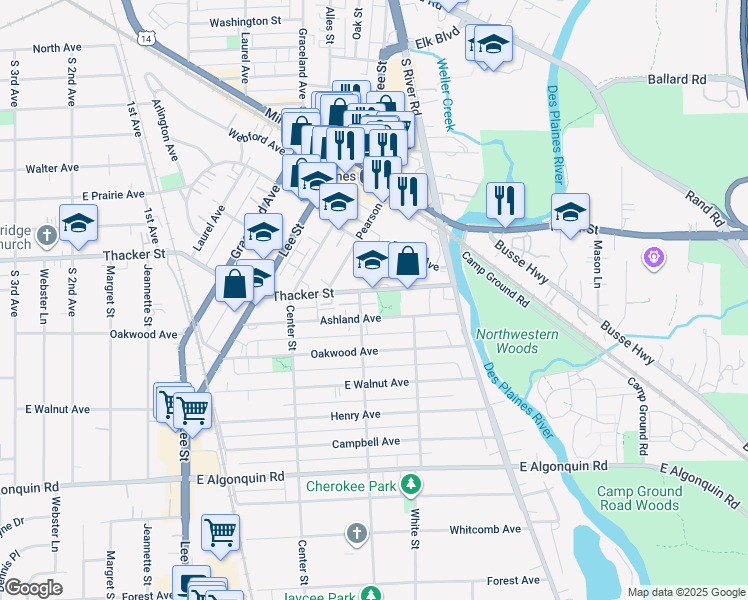 map of restaurants, bars, coffee shops, grocery stores, and more near 1526 Thacker Street in Des Plaines