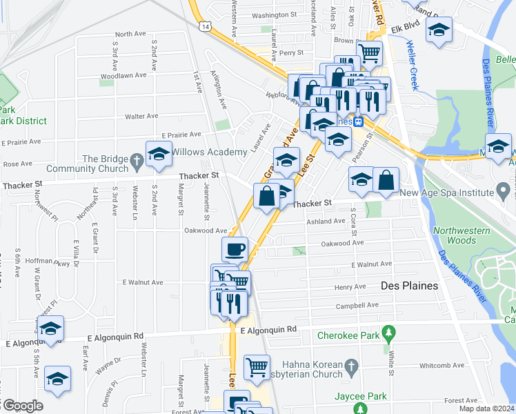 map of restaurants, bars, coffee shops, grocery stores, and more near 1277 Thacker Street in Des Plaines