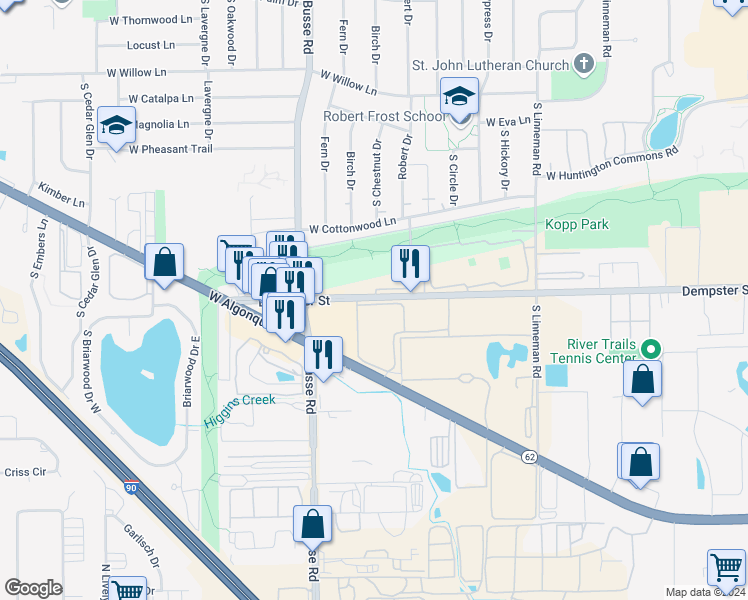 map of restaurants, bars, coffee shops, grocery stores, and more near 1510 West Dempster Street in Mount Prospect