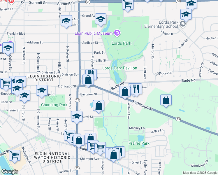 map of restaurants, bars, coffee shops, grocery stores, and more near 717 Linden Avenue in Elgin