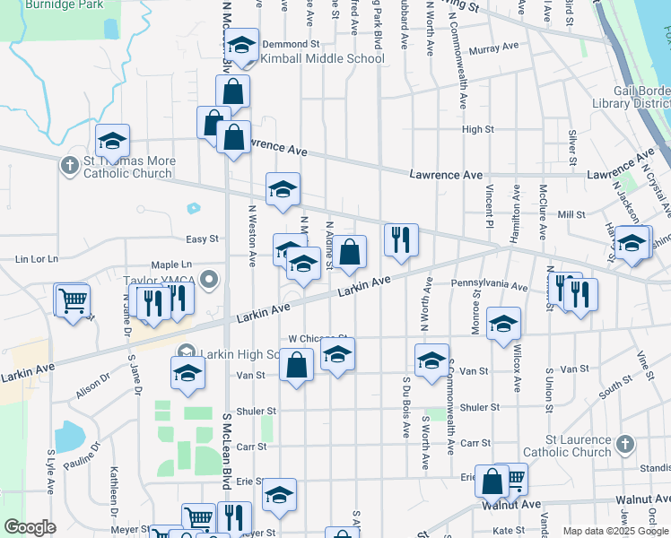 map of restaurants, bars, coffee shops, grocery stores, and more near 81 North Aldine Street in Elgin