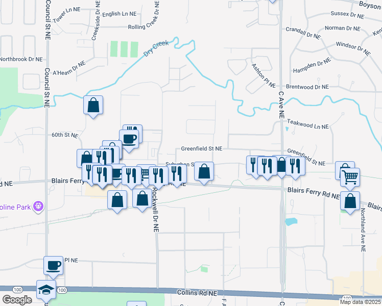 map of restaurants, bars, coffee shops, grocery stores, and more near 722 Greenfield Street Northeast in Cedar Rapids