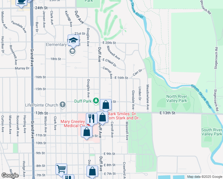map of restaurants, bars, coffee shops, grocery stores, and more near 1512 Carroll Avenue in Ames