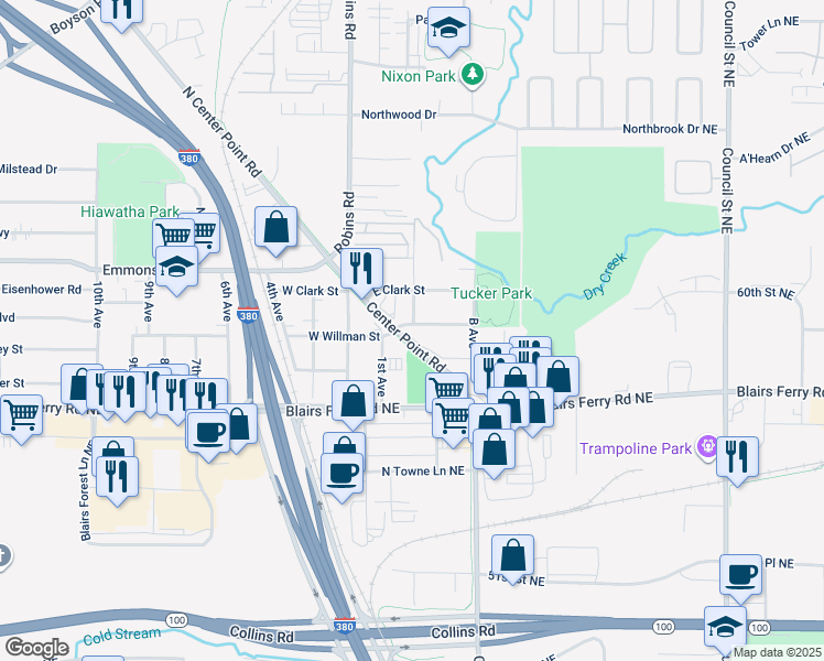 map of restaurants, bars, coffee shops, grocery stores, and more near 95 Willman St in Hiawatha