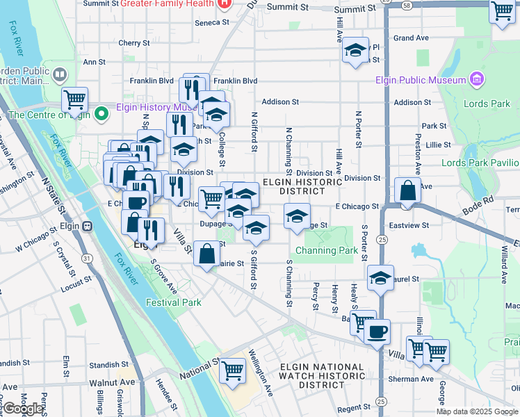 map of restaurants, bars, coffee shops, grocery stores, and more near 401 East Chicago Street in Elgin