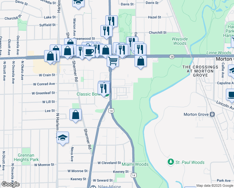 map of restaurants, bars, coffee shops, grocery stores, and more near 8611 Grove Street in Morton Grove