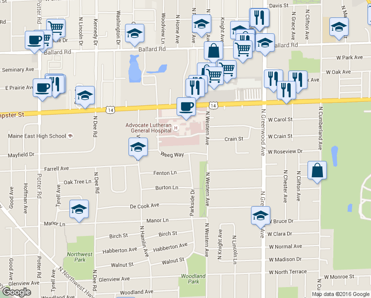 map of restaurants, bars, coffee shops, grocery stores, and more near 1828 Weeg Way in Park Ridge