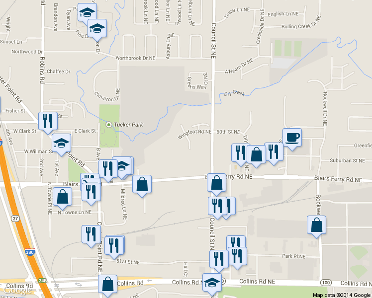 map of restaurants, bars, coffee shops, grocery stores, and more near 1641 Pinehurst Northeast in Cedar Rapids