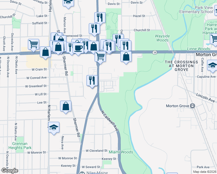 map of restaurants, bars, coffee shops, grocery stores, and more near 8611 Grove Street in Morton Grove