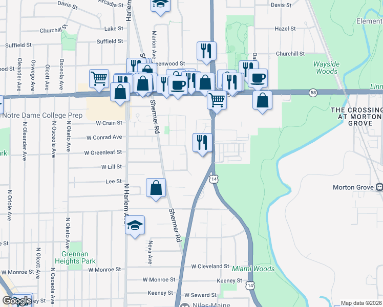 map of restaurants, bars, coffee shops, grocery stores, and more near 8605 North National Avenue in Niles