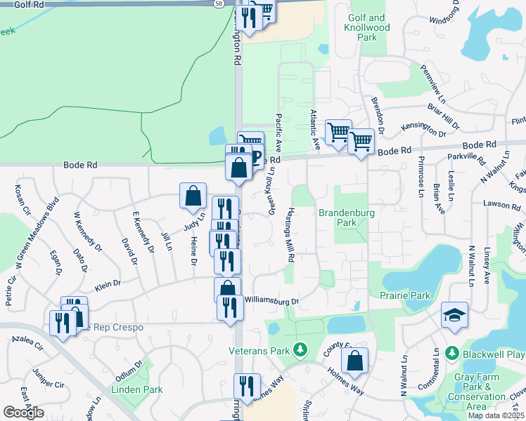 map of restaurants, bars, coffee shops, grocery stores, and more near 226 Green Knoll Lane in Streamwood