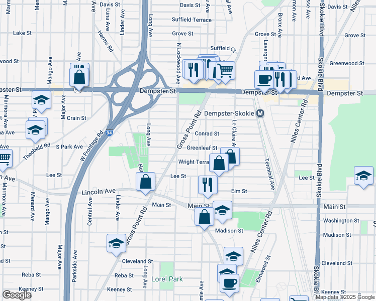 map of restaurants, bars, coffee shops, grocery stores, and more near 5250 Greenleaf Street in Skokie