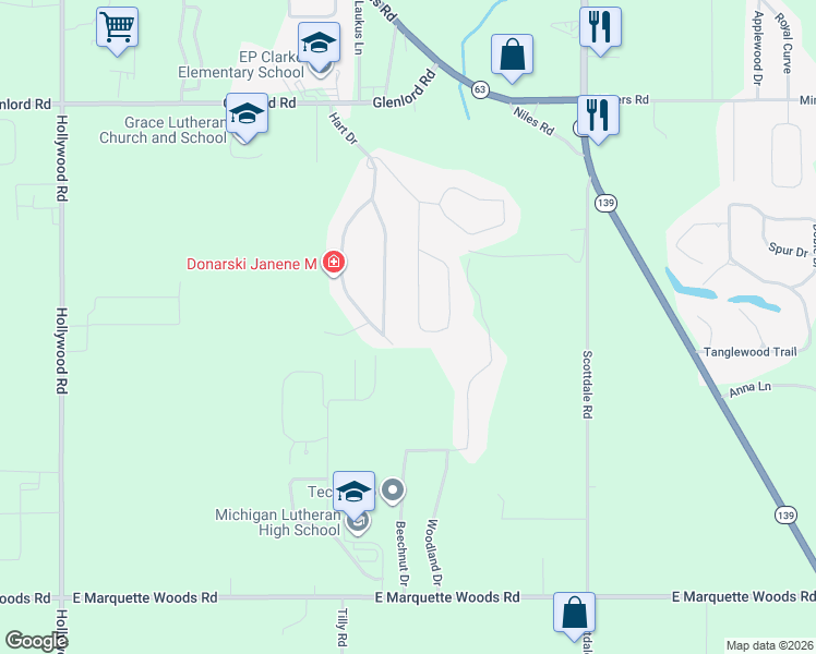 map of restaurants, bars, coffee shops, grocery stores, and more near 4442 Sunnymeade Drive in St. Joseph