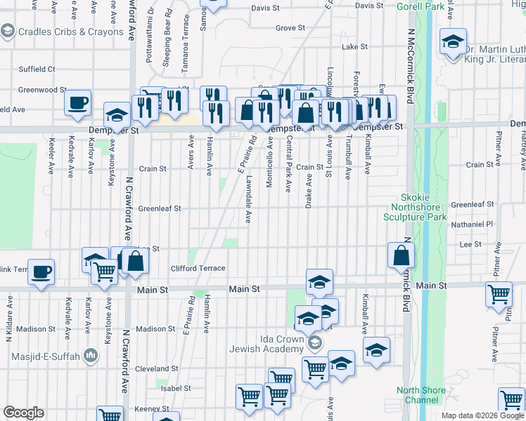 map of restaurants, bars, coffee shops, grocery stores, and more near 3652 Greenleaf Street in Skokie