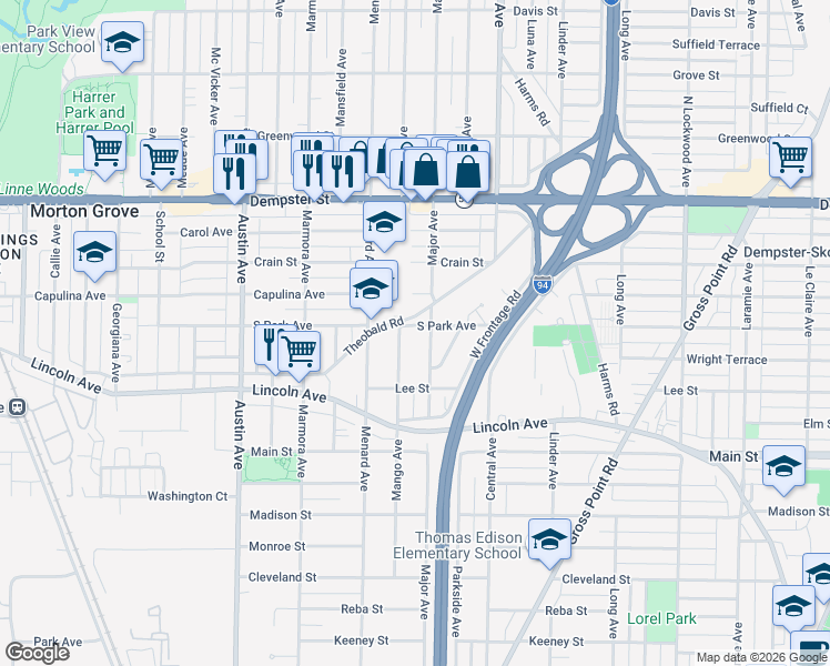 map of restaurants, bars, coffee shops, grocery stores, and more near 5700 South Park Avenue in Morton Grove