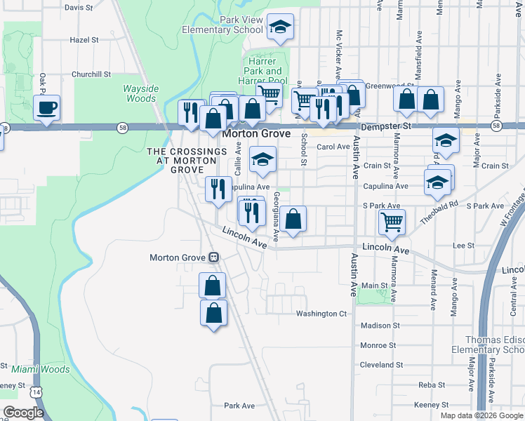 map of restaurants, bars, coffee shops, grocery stores, and more near 8602 Georgiana Avenue in Morton Grove