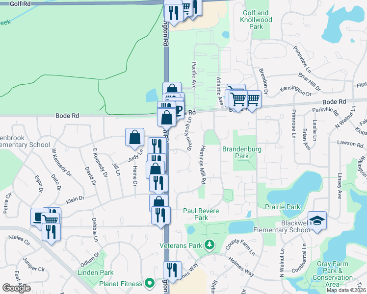 map of restaurants, bars, coffee shops, grocery stores, and more near 226 Green Knoll Lane in Streamwood