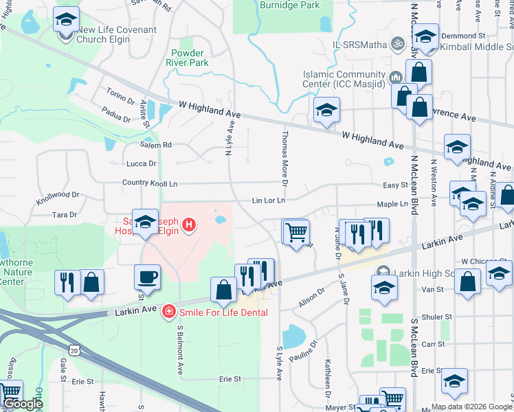 map of restaurants, bars, coffee shops, grocery stores, and more near 1790 Lin Lor Lane in Elgin