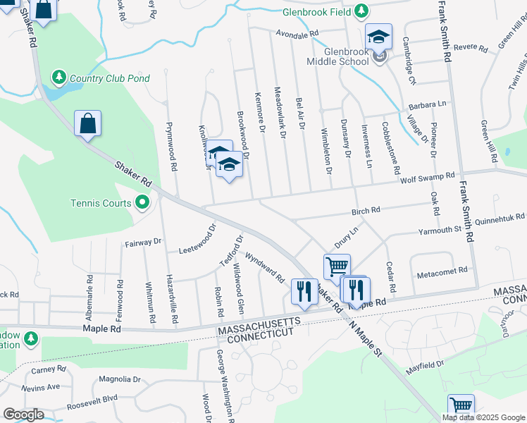 map of restaurants, bars, coffee shops, grocery stores, and more near 28 Sheffield Avenue in Longmeadow