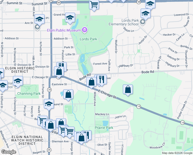 map of restaurants, bars, coffee shops, grocery stores, and more near 75 Willard Avenue in Elgin
