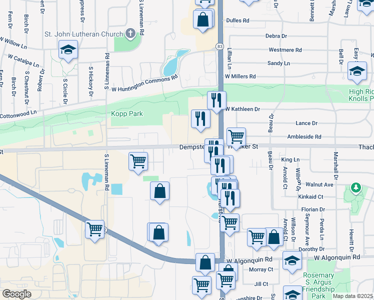map of restaurants, bars, coffee shops, grocery stores, and more near 415 Dempster Avenue in Mount Prospect