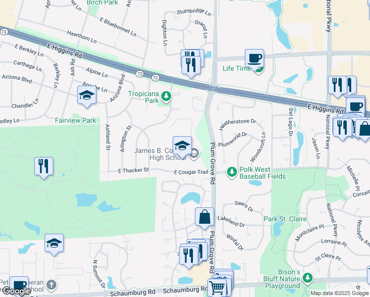 map of restaurants, bars, coffee shops, grocery stores, and more near 700 East Cougar Trail in Hoffman Estates