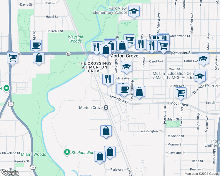 map of restaurants, bars, coffee shops, grocery stores, and more near 8603 Ferris Avenue in Morton Grove
