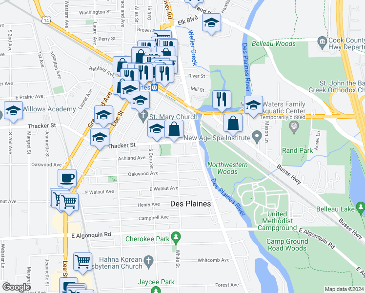 map of restaurants, bars, coffee shops, grocery stores, and more near 1643 East Thacker Street in Des Plaines