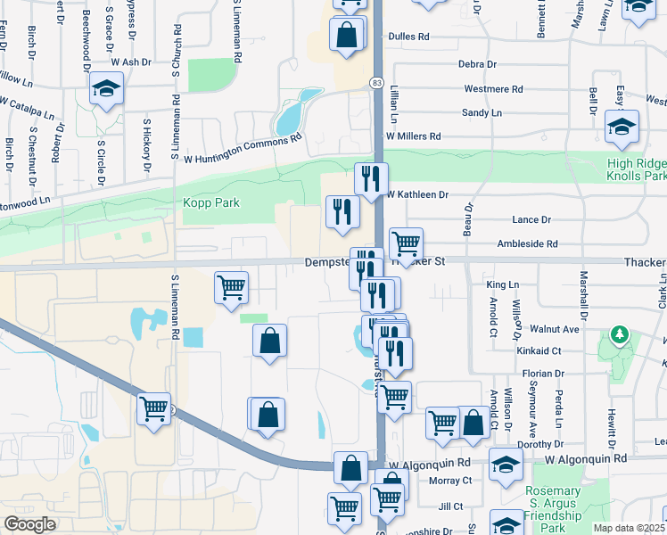map of restaurants, bars, coffee shops, grocery stores, and more near 415 Dempster Avenue in Mount Prospect