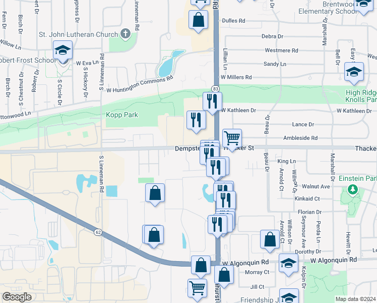 map of restaurants, bars, coffee shops, grocery stores, and more near 415 Dempster Avenue in Mount Prospect