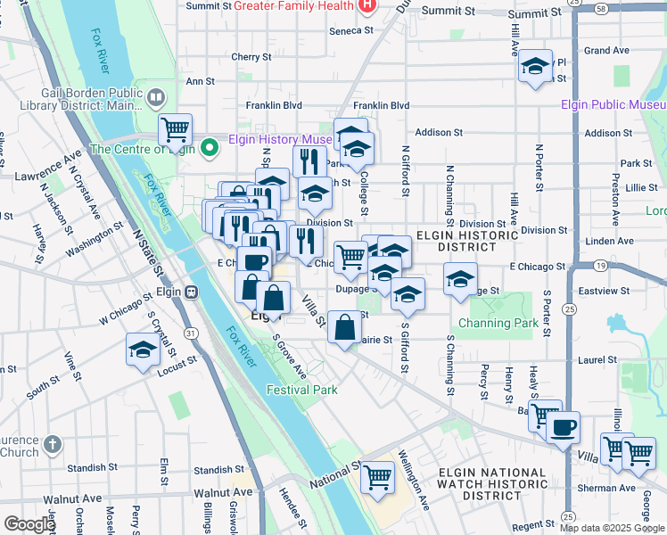 map of restaurants, bars, coffee shops, grocery stores, and more near 15 North Geneva Street in Elgin