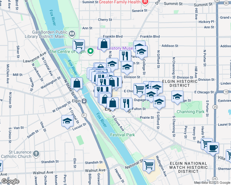 map of restaurants, bars, coffee shops, grocery stores, and more near in Elgin