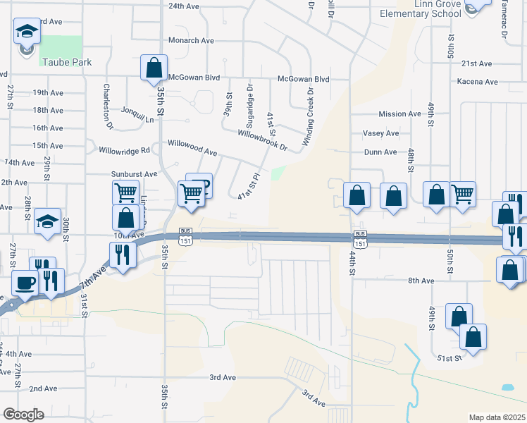 map of restaurants, bars, coffee shops, grocery stores, and more near 1361 41st Street Place in Marion